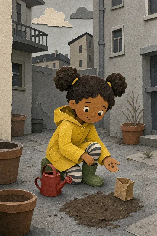 Juna plants three seeds in a courtyard, illustrated with cut-paper shapes