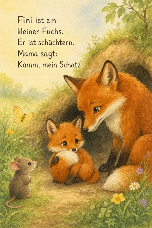 Fini, a little fox, sits beside his mother outside their den, with short German story text in the image
