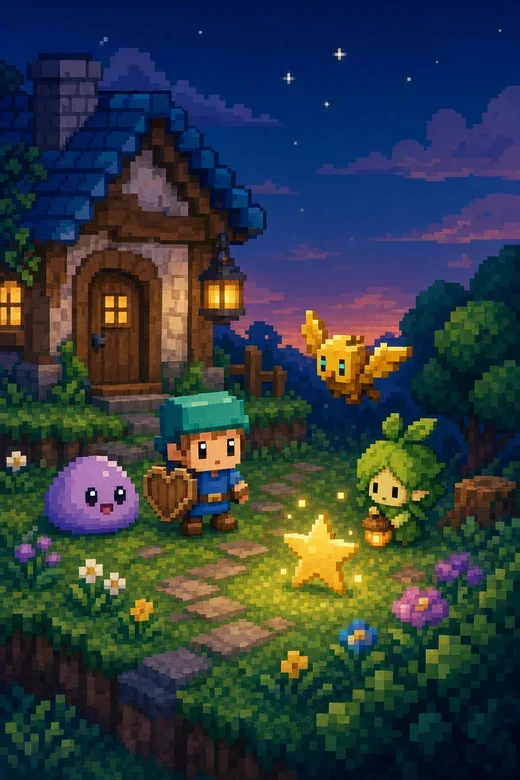 Little fantasy characters find a glowing star outside a cottage at night, shown in pixel art