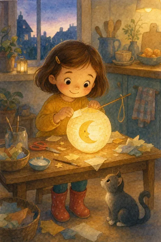 Mila makes a glowing paper moon lantern in the evening while a cat watches