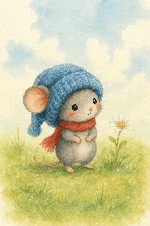 A small gray mouse wearing a big blue woolly hat and a red scarf in a meadow