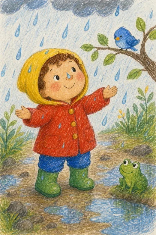 Toni in a red raincoat and green boots explores raindrops with a frog and a blue bird